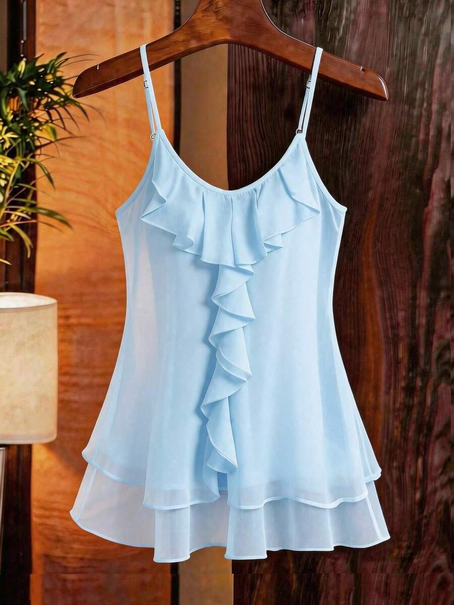 GlowEve CURVE Plus Size Women's Best-Selling Elegant Chiffon Double Layer Ruffle Asymmetrical Camisole Tank Top, Suitable For Daily Commute, Slimming, Versatile, Outings, Gatherings, Photos, Vacation And Travel - Blue - View 1