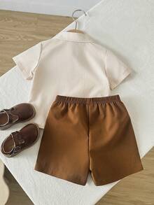 Playful Pals Baby Boys Brown Colorblock Polyester Co-Ords Everyday Casual Short Sleeve Collared Shirt With Pocket And Regular Length Shorts Squishy Summer Outfits - Brown - View 2