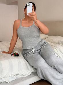 Napfluff CURVE Napfluff CURVE 女款大尺碼細肩帶休閒睡衣套裝 - 淺灰色 - 查看 5