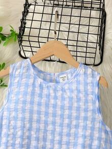 SHEIN 青少年女孩度假休閒春夏時尚可愛圓領藍白格紋寬鬆A字拼接荷葉邊無袖娃娃洋裝 - 藍色 - 查看 7