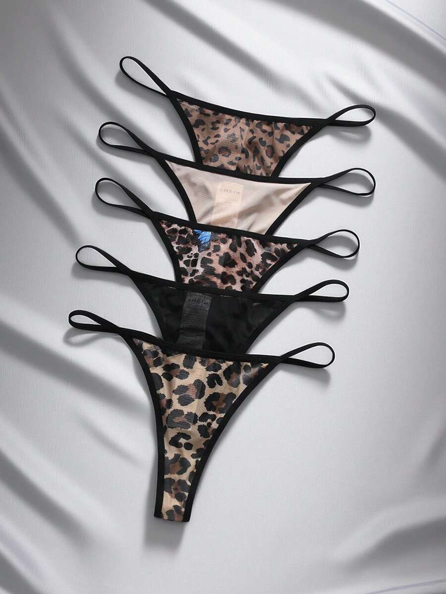 EmpressEnvy 5pcs Casual Leopard Print Sexy Low Waist G-Strings Set ClassicAnimalPrint - Multicolor - View 1