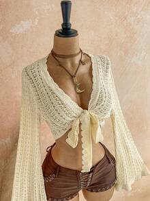 Soleia Women's Vacation Casual Solid Color Tie-Front Bell Sleeve Cropped Knit Top - Apricot - View 4