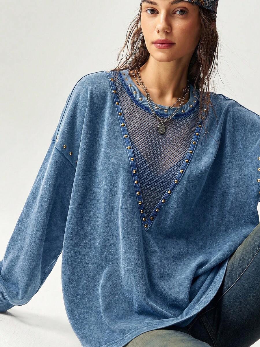 Bohemela 休閒素色針織圓領長袖寬鬆水洗女款運動衫 - 藍色 - 查看 1