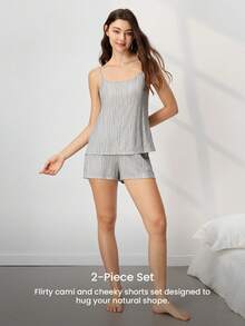 LUVLETTE Natural Comfy Ventilated Home WearWomen's Soft Breathable Textured Sleep Set Relaxed Camisole & Shorts Pajama Set - Grey - View 12