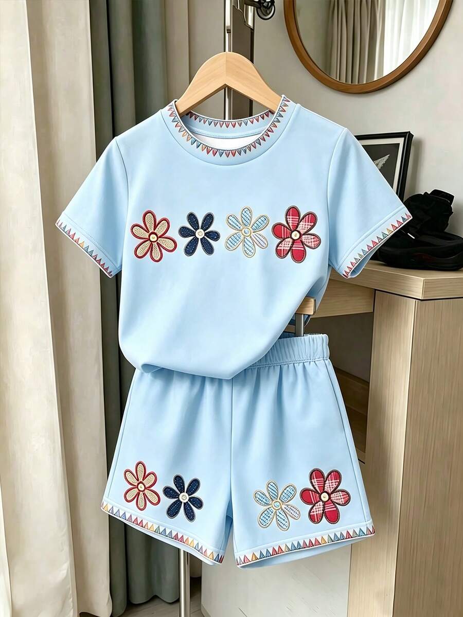 Elladie kids 2件組女孩森系休閒套裝,格紋花卉數位印花圓領短袖上衣搭配鬆緊腰短褲,薄款休閒穿搭,適合外出、上學、日常穿著,春、夏、初秋 - 彩色 - 查看 1