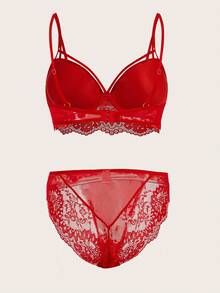 Slumberist Women's Classic Red Padded Underwired Lace Trim Bra & Panty Lingerie Set - Red - View 7