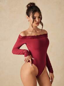 HautHeat Women's Solid Color Lace Patchwork Off-Shoulder Loungewear Jumpsuit - Burgundy - View 1