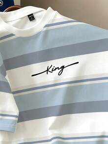 Manfinity Joysei Men's Summer Casual Letter Print Contrast Color Crew Neck Short Sleeve T-Shirt - Blue - View 3