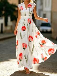 SHEIN Clasi CURVE Plus Size Women's 2026 Spring/Summer New Arrival Elegant Floral Print Background With Lace Maxi Dress,Off The Shoulder Outfit Sundress Vacation Easter - Multicolor - View 3