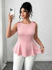 SHEIN Clasi 大尺碼女款圓領蝴蝶結紋理面料無袖收腰A字版型上衣優雅淑女風 - 淺粉色 - 查看 6