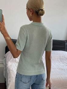 DAZY 女款純色 Polo 領短袖休閒度假針織上衣，春夏校園風 - 綠色 - 查看 2