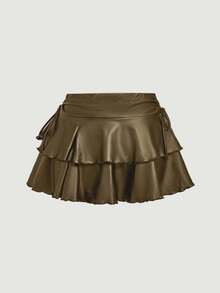 MOD Falda casual de mujer con cordón y nudo, de doble capa, de material de PU - Marrón Mocha - Ver 2