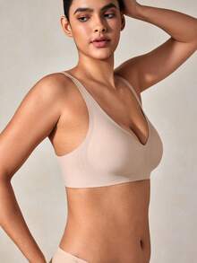 Veilyse Women's Seamless V-Neck Gel Push-Up Bra, Removable Pads & Racerback Design - Comfortable Wireless Structure, Breathable Lingerie, V-Neck, Elastic Underwear, Suitable For Daily Wear, All Seasons, Work, Yoga - Apricot - View 5