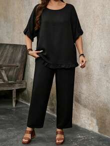 SHEIN LUNE CURVE 復古鄉村風紋理面料大尺碼女款兩件套春夏季服飾 - 黑色 - 查看 4
