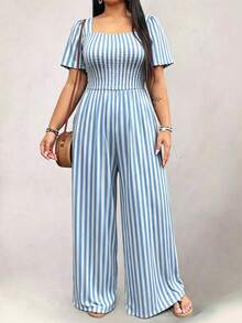 EMERY ROSE Plus Size Women's Striped Square Neck Short Sleeve Pocket Wide Leg Jumpsuit - Blue and White - View 3