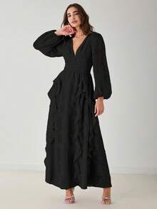 Enchnt Vestido largo elegante de unicolor con volantes para mujer - Negro - Ver 5