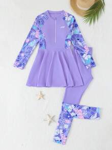 SHEIN 青少年女孩 13-16 歲長袖兩件式裙裝泳衣套裝 時尚熱帶花卉印花拉鍊上衣泳衣 適合夏季休閒度假海灘沙灘泳池游泳池夏季假期派對 - 紫色 - 查看 1