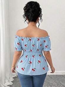 SHEIN Clasi Plus Size Best-Selling Elegant Elegant Full Cherry Print Ruffle Off-Shoulder Short Sleeve Blouse, Simple Cut Waist Gathered Slimming Design, Suitable For Daily Commute, Date, Outing, Vacation Top - Blue - View 2