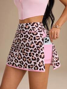 StreetHx Women's Summer Patchwork Leopard Print Split Phone Pocket Sports Skort - Multicolor - View 1