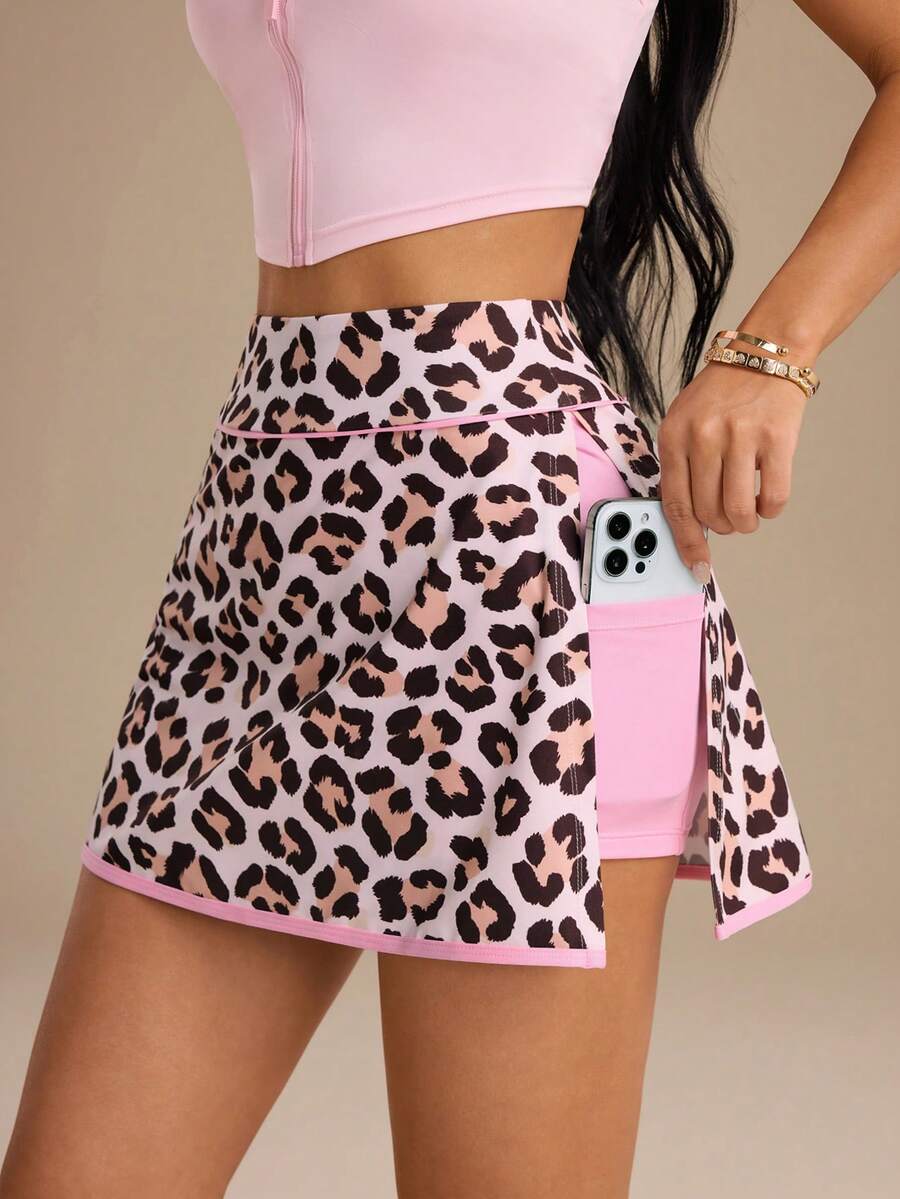 StreetHx Women's Summer Patchwork Leopard Print Split Phone Pocket Sports Skort - Multicolor - View 1