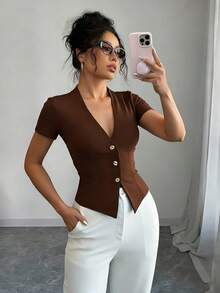 Elenzga Kaos Wanita Elegan Warna Polos Pas Badan dengan Kancing Depan, Musim Panas - Coffee Brown - View 1