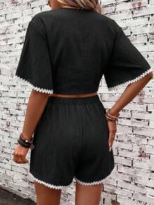 SHEIN Clasi Women's Summer Contrast Color Ruffle Elegant Vacation Shorts Set - Black - View 2