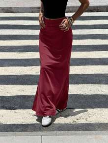 SHEIN Teen Girls Burgundy Solid Color Pleated Mermaid Long Skirt, Casual, Minimalist - Burgundy - View 6