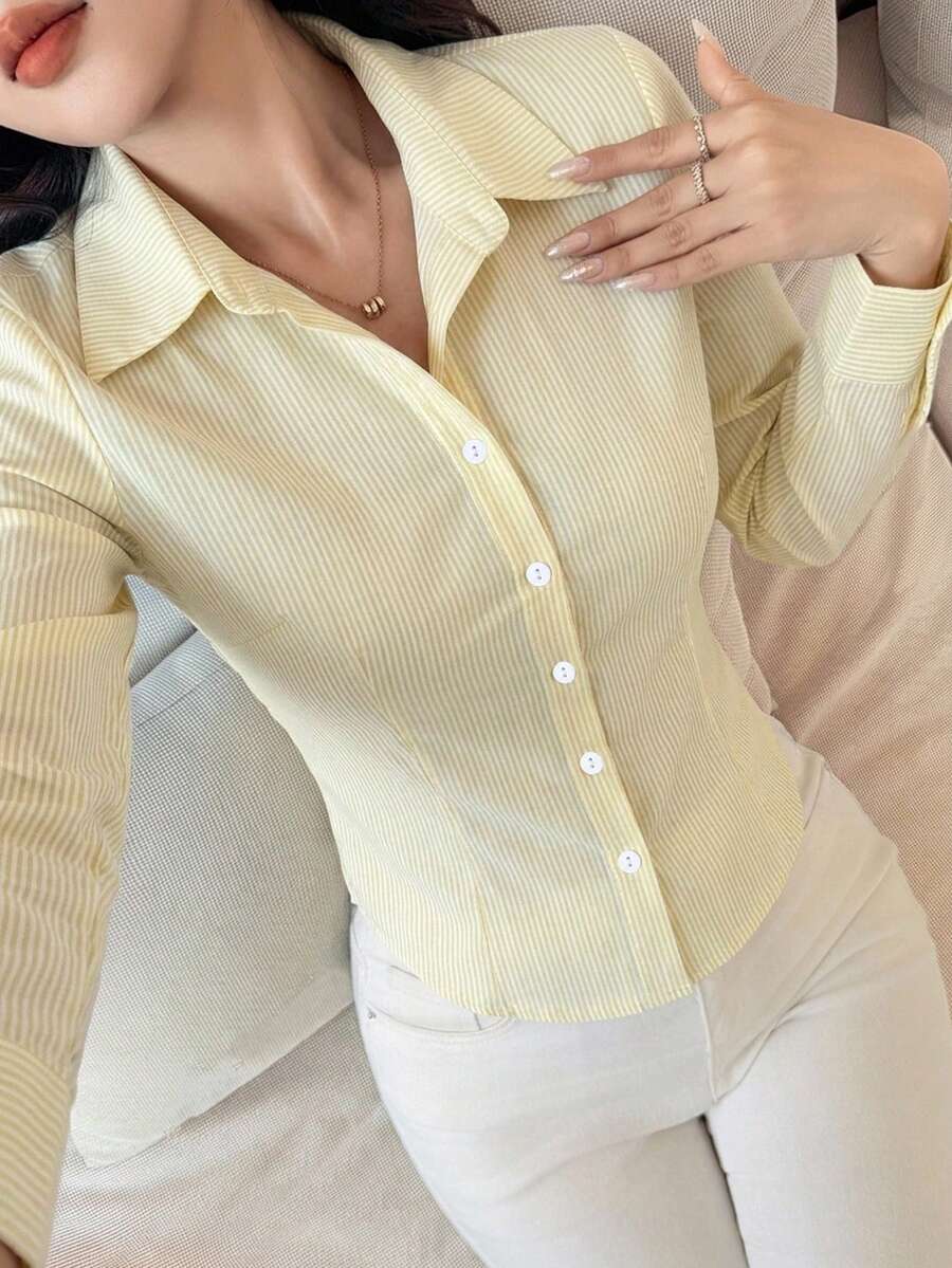 DAZY 女款條紋印花修身前開扣長袖襯衫 - 黃色 - 查看 1