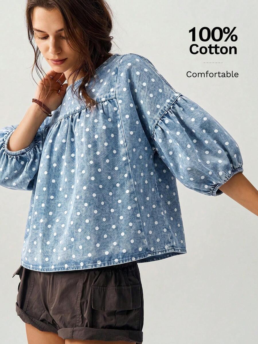 Bohemela Women's French Fashion Polka Dot Print Denim Shirt - Blue - View 1