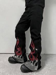 ROMWE MEN Street Life Jeans vaqueros de hombre con diseño de llama de diamantes de imitación y campana - Negro - Ver 6