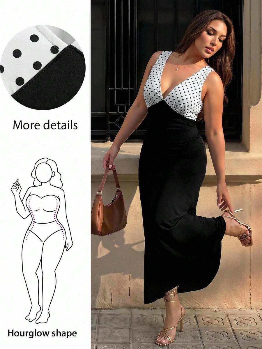 Hourglow Plus Size Women Polka Dot Patchwork Casual Party Dress - Black and White - View 1