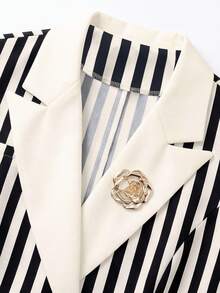 GlowEve CURVE Plus Size Women's Spring/Summer Classic Striped Patchwork Design Business Fashion Long Sleeve Blazer And Minimalist A-Line Striped Skirt Suit Set, Business Commute Daily - Multicolor - View 4