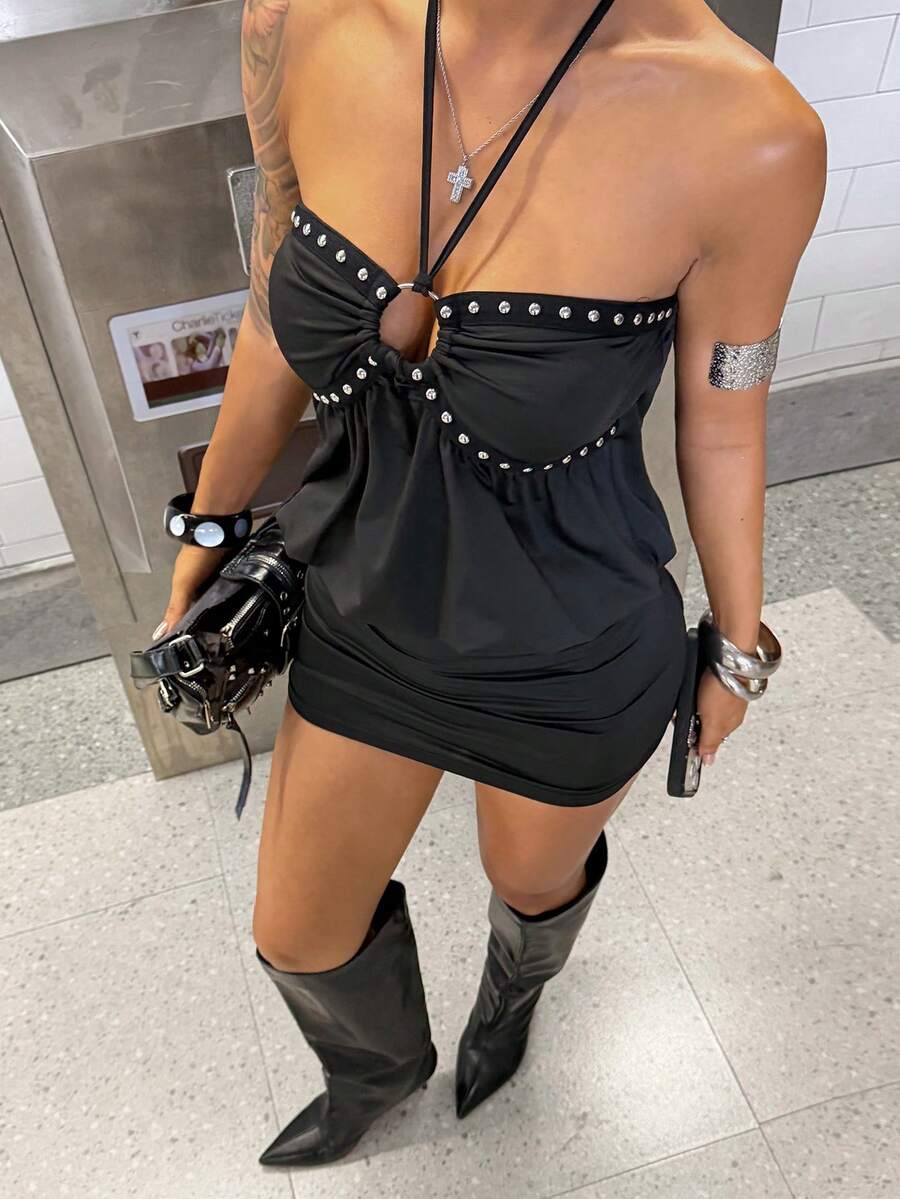 StreetHx Sexy Rivet Webbing Ring Halter Neck Strappy Bodycon Side Ruched Dress Club Night Out Party Black Summer - Black - View 1