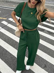 Serisse Batwing Sleeve Crop Top & Drawstring Waist Pants Textured Fabric Two Pieces - Dark Green - View 7