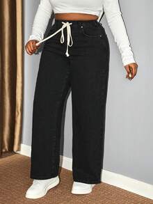 Hourglow Ceceforeign_ Plus Size Casual Solid Color Drawstring Waist Jeans, For Hourglass Body Shape - Black - View 5