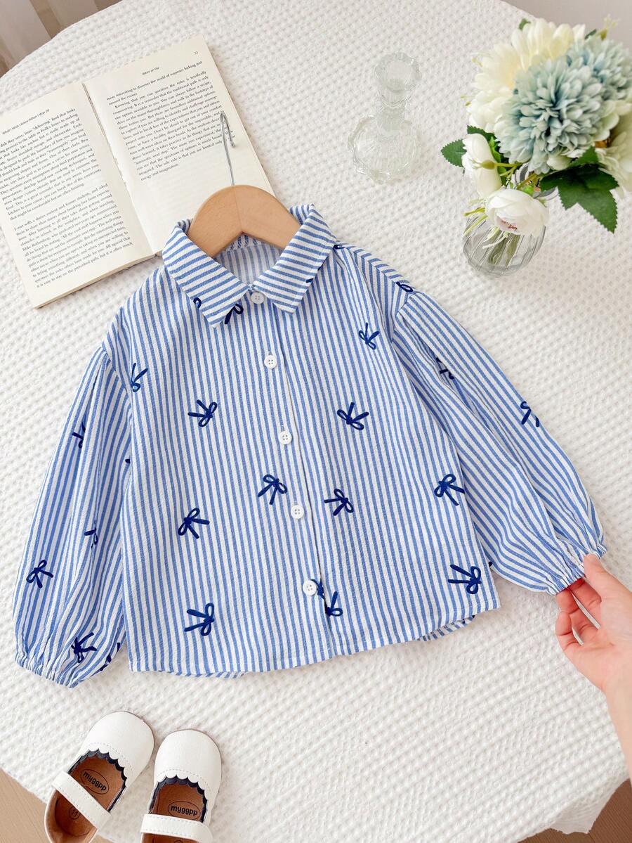 SHEIN LMoss Kids LMoss 青少女寬鬆條紋領休閒襯衫 - 藍色 - 查看 1