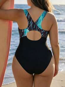 Swim SPRTY Plus Size Women's One-Piece Graphic Print Fashionable One-Piece Beach Vacation Casual Swimsuit - Multicolor - View 2