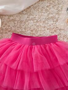 SHEIN Young Girl Mesh Overlay Layer Hem Belted Skirt - Hot Pink - View 7