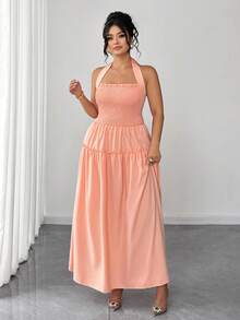 SHEIN Clasi Plus Size Women's Square Neck Pleated Top With Crisscross Back, Open Back, Off-Shoulder, Bow, Ruffle Hem, A-Line Maxi Dress, Elegant Peach Formal Party Bridesmaid Dress, Wedding Guest Dress, Plus Size Friendly, Ruffle Hem, Vacation, Casual, Design-Driven Plus Size Evening Gown, European And American Style, Beach, Women's Elegant Dress, Women's Summer Dress - Coral Pink - View 5