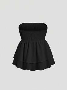 Sweetra Summer Casual Solid Color Ruffle Hem Bandeau Top Y2K - Black - View 2