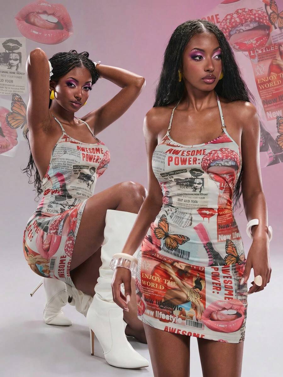 Modviera Retro Y2K Baddie Stil Zeitungsdruck Neckholder Rückenfrei Super Kurz Bodycon Kleid, Sommer Dopamin Chic Cheerleader Inspiriertes Kleid Für Frauen - Verschiedenfarbig - Übersicht 1