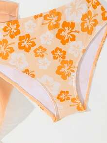 SHEIN 青少年女孩海灘度假花卉印花泳衣套裝附外罩裙 - 橘色 - 查看 5