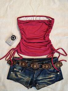 SHEIN Dark Red Floral Y2K Sexy Strapless Top Women Beaded Sequined Side Ruching Summer Going Out Club Night Out - Multicolor - View 2