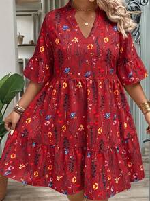 EMERY ROSE Plus Size Women's Summer Branch Floral Cutout V-Neck Ruffle Hem Loose Fit Doll Dress - Red - View 3