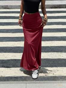 SHEIN Teen Girls Burgundy Solid Color Pleated Mermaid Long Skirt, Casual, Minimalist - Burgundy - View 3