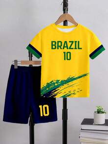 Tween BoysPremium Minimalist Brazilian Splatter 10-Stripe Print Basic Short Sleeve T-Shirt And Shorts Set, Summer Sports Outfit - Multicolor - View 3