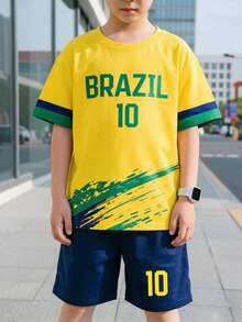 Tween BoysPremium Minimalist Brazilian Splatter 10-Stripe Print Basic Short Sleeve T-Shirt And Shorts Set, Summer Sports Outfit - Multicolor - View 6