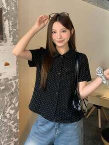 DAZY 女款翻領波點韓式風格滿版印花襯衫 夏季 - 黑色 - 查看 3