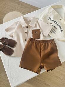 Playful Pals Baby Boys Brown Colorblock Polyester Co-Ords Everyday Casual Short Sleeve Collared Shirt With Pocket And Regular Length Shorts Squishy Summer Outfits - Brown - View 6