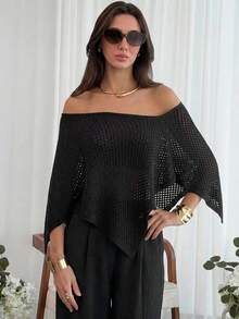 Aloruh Women's Solid Color Off-Shoulder Casual Versatile Daily Knit Top - Black - View 5